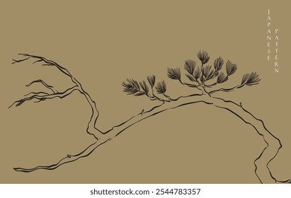 Japanese background with Asian traditional icon vector. Bonsai tree or pine tree pattern elements. Greeting card in vintage style