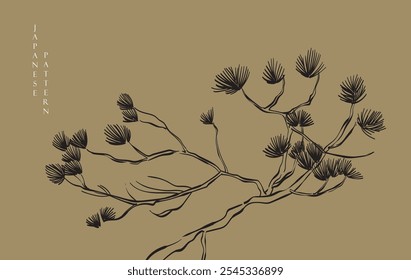 Japanese background with Asian traditional icon vector. Bonsai tree or pine tree pattern elements. Greeting card in vintage style