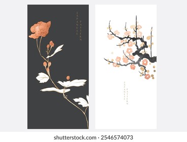 Japanese background with Asian traditional icon vector. Flower, wave pattern, bamboo elements. Geometric pattern in vintage style. Invitation card design.