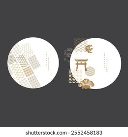  Japanese background with Asian traditional icon vector.Geometric pattern, bonsai tree, wave pattern, bamboo and ribbon elements. Geometric pattern in vintage style.