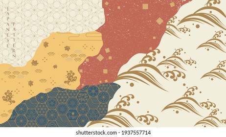 Japanese background with Asian vintage pattern vector. Abstract landscape. Hand drawn wave pattern with geometric banner in vintage style.