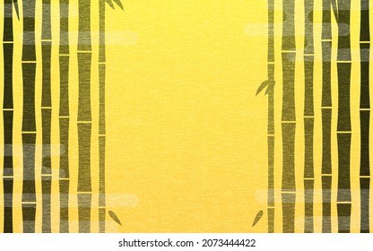 Japanese background with bamboo forest and Japanese patterned haze, ink painting style bamboo on yellow background, copy space in the center