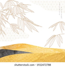 Fondo japonés con bambú deja elementos de línea vector. Dibujado a mano natural con textura de lámina de oro en estilo vintage. Resumen de diseño de banner paisajístico.