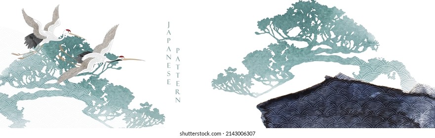 Japanese background with black and blue texture vector. Bonsai tree and brush stroke painting decorations in vintage style. Art landscape with crane birds elements banner design.