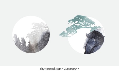 Japanese background with black and blue texture vector. Bonsai tree and brush stroke painting decorations in vintage style. Art landscape banner design.