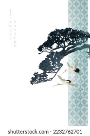 Japanese background with black and blue texture vector. Bonsai tree and brush stroke painting decorations in vintage style. Art landscape with crane birds elements banner design. Geometric pattern.