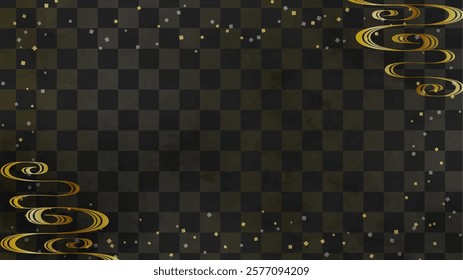 Japanese background: Black checkered pattern with flowing water pattern
