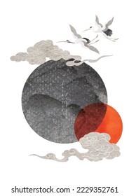 Japanese background with black and red sun with watercolor texture vector. Crane birds, chinese cloud element decorations in vintage style. Art abstract banner design in circle shape