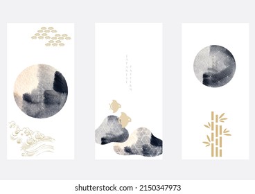 Japanese background with black and white texture in circle shape vector. Moon and sun with abstract art hand drawn line pattern. Template design with geometric pattern in vintage style.