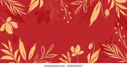 Plano de fundo japonês com flores e ramos florescentes grunge. Design floral em tons vermelhos e dourados, complementado por folhas grunge botânicas. Um design decorativo perfeito para cartões, cartazes e