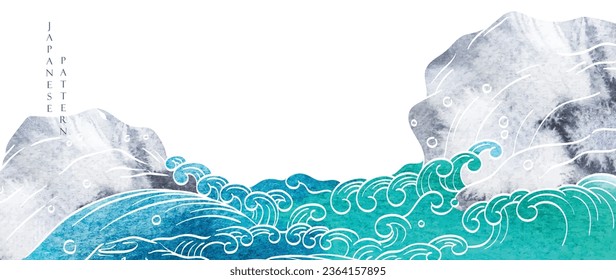  Japanese background with blue and black watercolor texture painting element vector. Oriental natural wave pattern with ocean sea decoration and stone banner design in vintage style. Marine template.