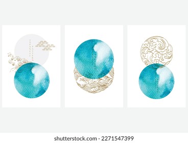 Fondo japonés con luna azul y sol con vector de textura acuarela. La decoración de las olas dibujadas a mano, nubes y elementos chinos en un estilo vintage. Diseño de pancartas abstractas en forma de círculo