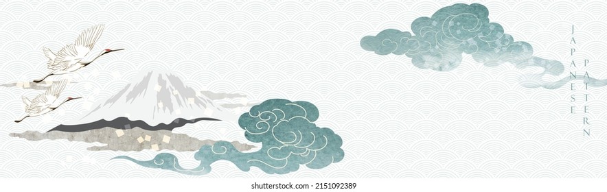 Japanese background with blue texture vector. Fuji mountain and chinese cloud decorations in vintage style. Art landscape with crane birds elements.