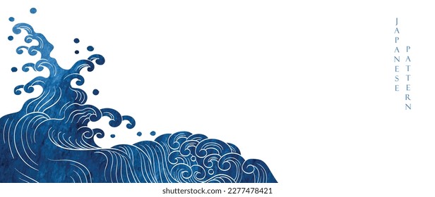 Japanese background with blue watercolor texture painting element vector. Oriental natural wave pattern with ocean sea decoration banner design in vintage style. Marine template.