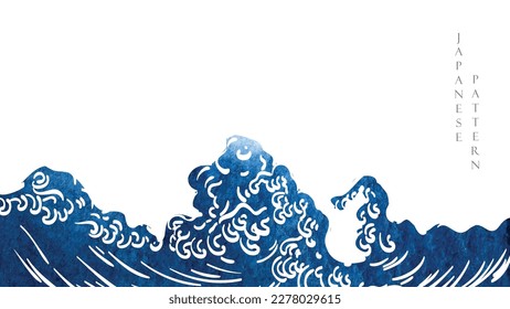  Japanese background with blue watercolor texture painting element vector. Oriental natural wave pattern with ocean sea decoration banner design in vintage style. Marine template.