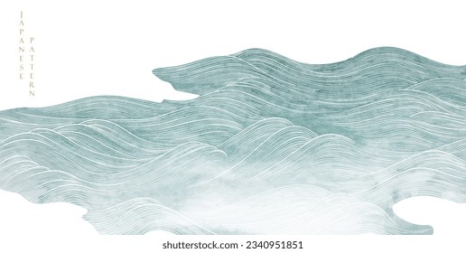 Japanese background with blue watercolor texture painting element vector. Oriental natural wave pattern with ocean sea decoration banner design in vintage style. Marine template.