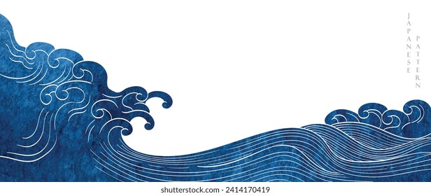 Japanese background with blue watercolor texture painting element vector. Oriental natural wave pattern with ocean sea decoration banner design in vintage style. Marine template. Hand drawn line.