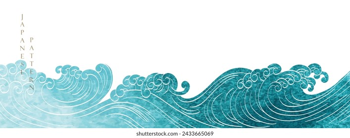 Japanese background with blue watercolor texture painting element vector. Oriental hand drawn natural wave pattern with ocean sea decoration banner design in vintage style. Marine template.	
