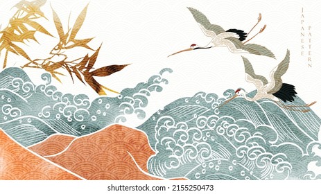 Japanese background with Blue wave watercolor texture vector. Bamboo decorations template in vintage style. Ocean sea art landscape with crane birds elements banner design.