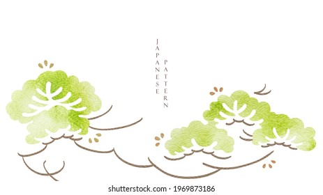 Japanese background with bonsai tree decoration vector. Natural landscape banner design with Japanese wave pattern in vintage style.