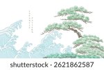 Japanese background with bonsai tree pattern vector. Cultural art template with geometric wave pattern. Natural layout design in oriental style