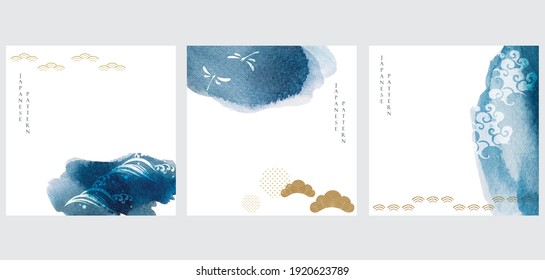 Japanese background with brush stroke element vector. Watercolor painting decoration with Asian icons in in vintage style. 
