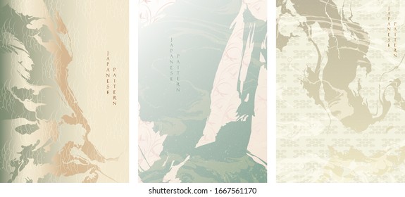 Fondo japonés con vectorial de elementos de trazo de pincel. Plantilla oriental con estampado japonés. decoración de libélula y olas de estilo vintage.