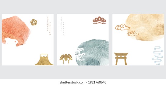 Japanese background with brush stroke painting elements vector. Line pattern with Asian icon. Oriental banner design in vintage style.