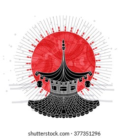 Japanese background with building and red sun