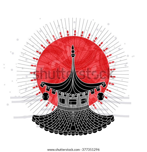 Japanese Background Building Red Sun Stock Vector Royalty Free 377351296