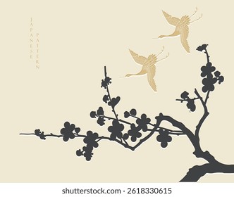 Japanese background with cherry blossom flower, decorations in vintage style. Crane birds element with art abstract banner design