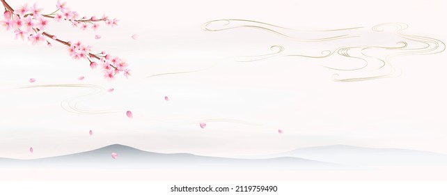 Antecedentes japoneses con flores de cerezo y nubes línea de arte. Pancarta paisajística con sakura en estilo oriental para decoración, empaque, invitaciones