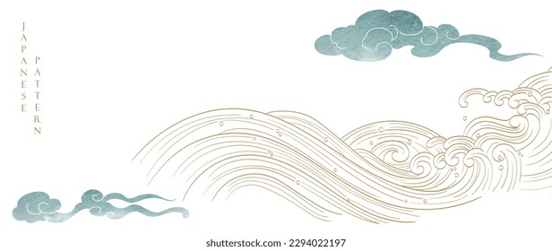 Japanese background with Chinese cloud and blue watercolor texture painting element vector. Hand drawn natural wave pattern with ocean sea decoration banner design in vintage style. Marine template.