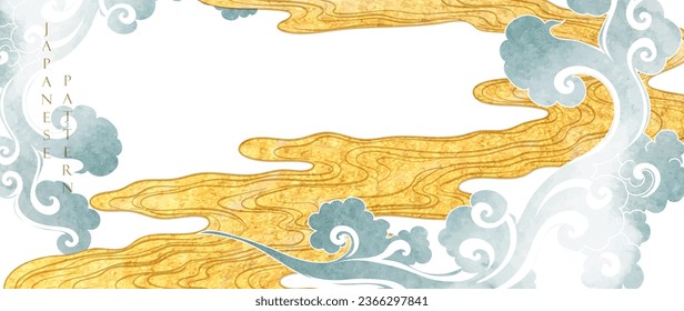 Japanese background with Chinese cloud and blue watercolor texture painting element vector. Hand drawn natural wave pattern with ocean sea decoration banner design in vintage style. Marine template.