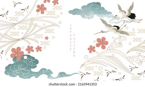 Japanese background with chrysanthemum floral vector. Peony  flower and chinese wave and cloud decorations in vintage style. Crane birds and watercolor texture card design. 