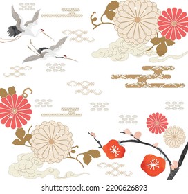 Japanese background with chrysanthemum floral vector. Red peony  flower and chinese wave decorations in vintage style. Crane birds and crane birds card design.