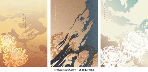 Japanese background with Chrysanthemum flower vector. Brush stroke elements with gradient vintage style.