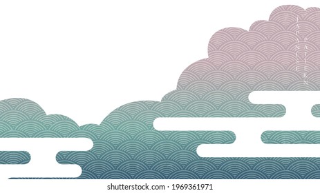 Japanese background with cloud decoration vector. Natural landscape banner design with Japanese wave pattern in vintage style.