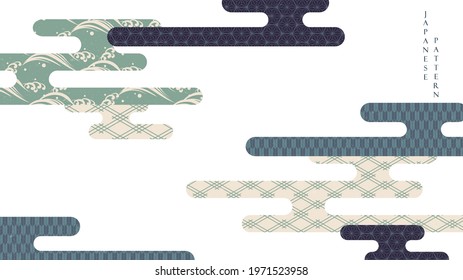 Japanese background with cloud decoration vector. Geometric banner design with line pattern in vintage style.