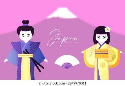 Japanese background with couple, man and woman, in traditional national clothing, Fuji mountain and fan. Asian cartoon design