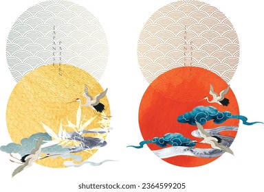 Japanese background with crane birds and chiese cloud in circle shape vector. Moon and sun with abstract line pattern. Template design with geometric pattern with geomeyric pattern