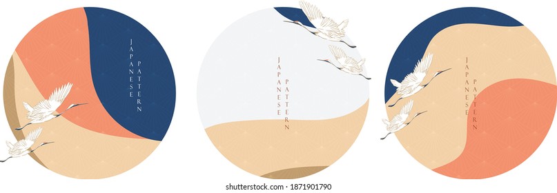 Japanese Background With Crane Birds Decoration Vector. Geometric Pattern With Abstract Art Template. Circle Shape Icon And Symbol.