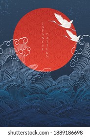 Japanese background with crane birds decoration vector. Hand drawn wave with red circle shape elements in oriental style. - Shutterstock ID 1889186698