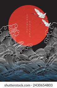 Fondo japonés con vector de decoración de pájaros de grúa. Onda dibujada a mano con elementos de forma de círculo rojo en estilo oriental.