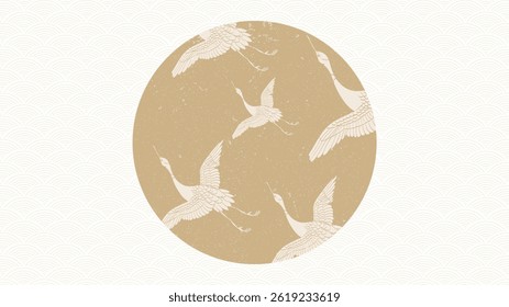 Japanese background with crane birds decoration vector card design template in circle shape