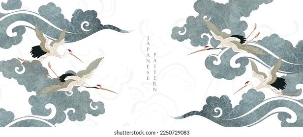 Japanese background with crane birds element vector. Hand drawn wave chinese cloud decorations in vintage style. Watercolor painting with art abstract banner design.