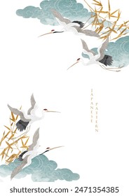 Japanese background with crane birds element vector. Chinese cloud and ocean wave decorations in vintage style. Natural template in oriental design