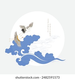 Japanese background with crane birds element vector. Oriental natural wave pattern with ocean sea decoration banner design. Marine template. Hand drawn wave in vintage style.