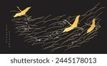  Japanese background with crane birds or herons element vector. Hand drawn wave decorations in vintage style. Black and gold.