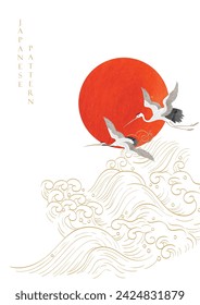 Fondo japonés con grullas o garzas elemento vector. Decoraciones hechas a mano con olas y sol rojo en estilo vintage. Pintura de acuarela con diseño de banner abstracto de arte